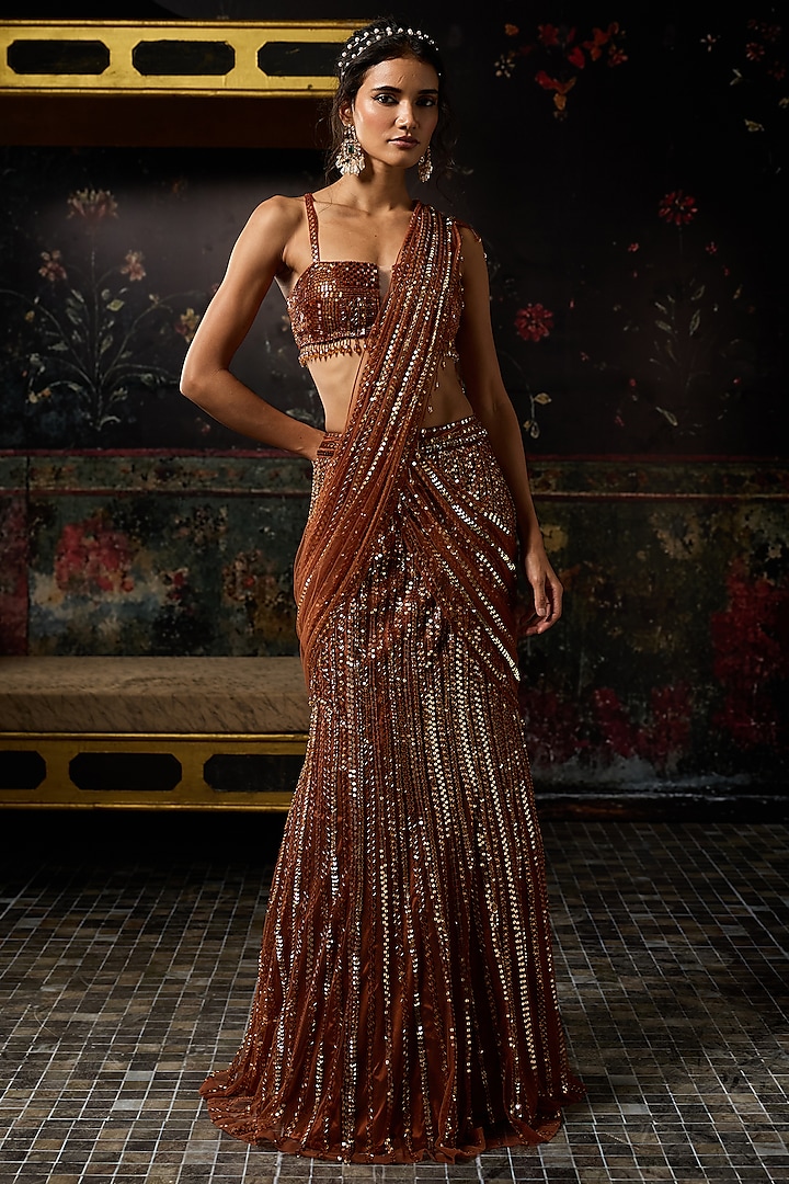 Metallic Rust Tulle Embellished Pre-Draped Skirt Reception Saree Set by DiyaRajvvir at Pernia's Pop Up Shop