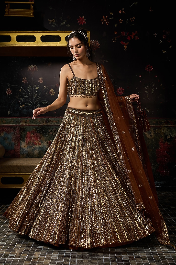 Metallic Gold Tulle Mirror Embellished Bridal Lehenga Set by DiyaRajvvir at Pernia's Pop Up Shop