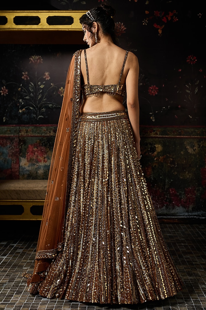 Metallic Gold Tulle Mirror Embellished Bridal Lehenga Set by DiyaRajvvir at Pernia's Pop Up Shop
