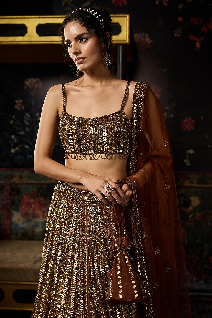 Metallic Gold Tulle Mirror Embellished Bridal Lehenga Set by DiyaRajvvir at Pernia's Pop Up Shop