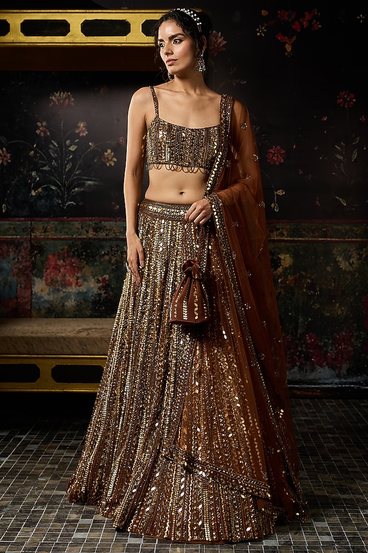 Metallic Gold Tulle Mirror Embellished Bridal Lehenga Set by DiyaRajvvir at Pernia's Pop Up Shop