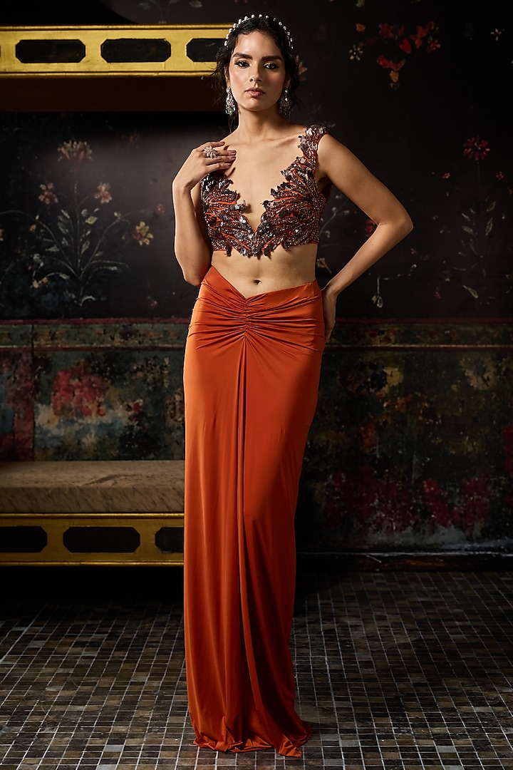 Rust Crepe & Lycra Dhoti Skirt Set by DiyaRajvvir at Pernia's Pop Up Shop