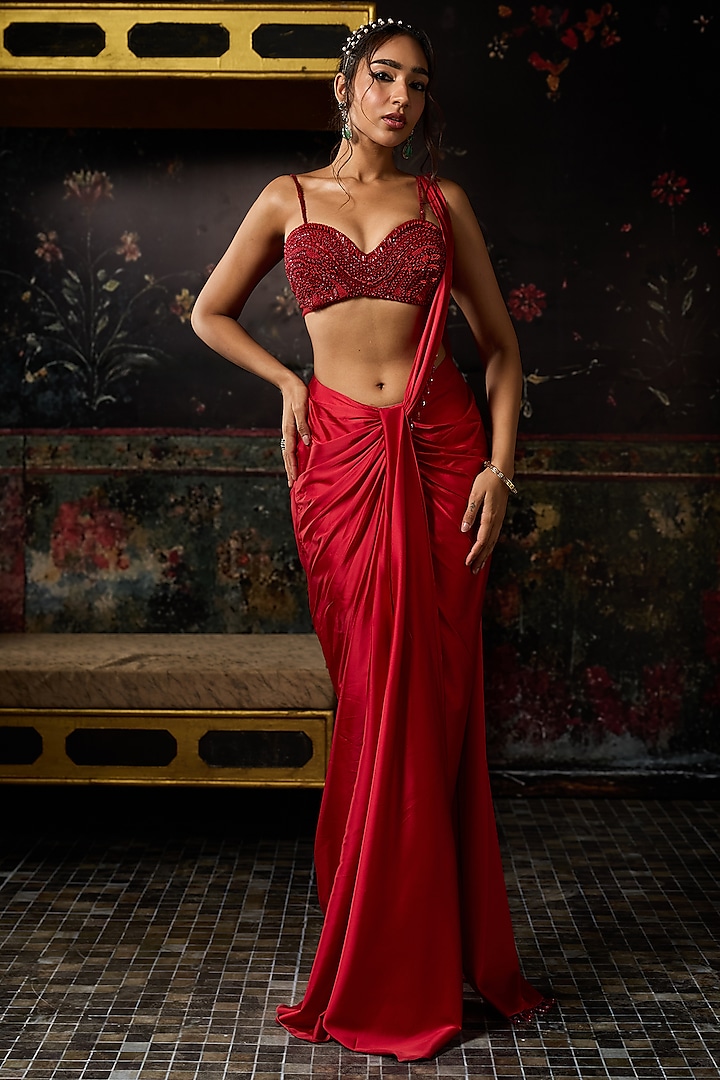 Red Armani Satin Pre-Draped Skirt Wedding Saree Set by DiyaRajvvir at Pernia's Pop Up Shop