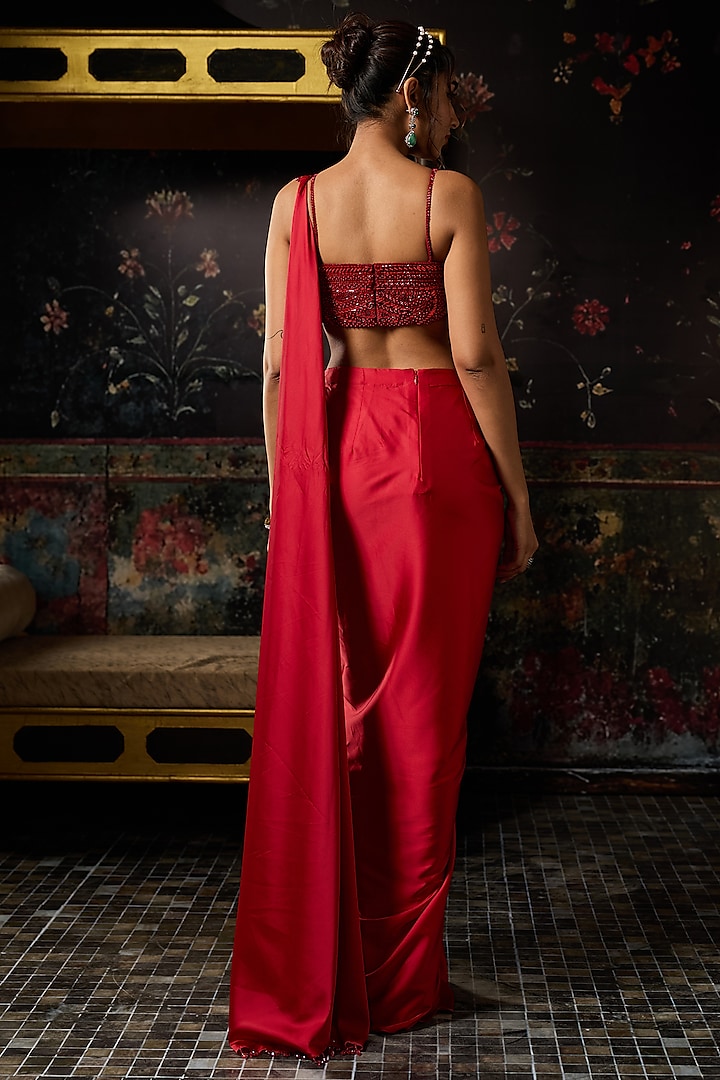 Red Armani Satin Pre-Draped Skirt Wedding Saree Set by DiyaRajvvir at Pernia's Pop Up Shop