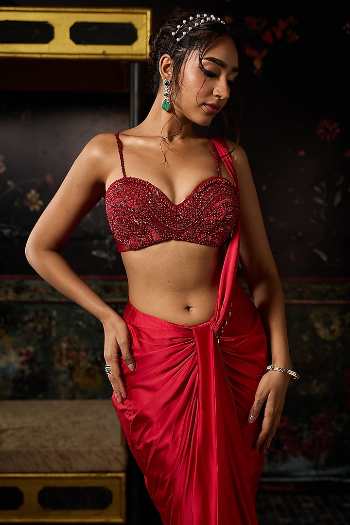 Red Armani Satin Pre-Draped Skirt Wedding Saree Set by DiyaRajvvir at Pernia's Pop Up Shop