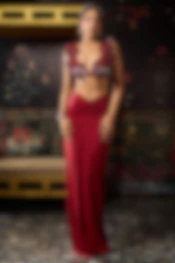 Deep Red Crepe & Lycra Dhoti Skirt Set by DiyaRajvvir at Pernia's Pop Up Shop