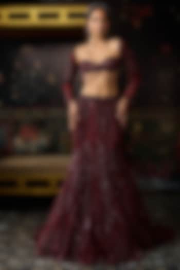 Maroon Tulle Embellished Mermaid Trail Bridal Lehenga Set by DiyaRajvvir at Pernia's Pop Up Shop