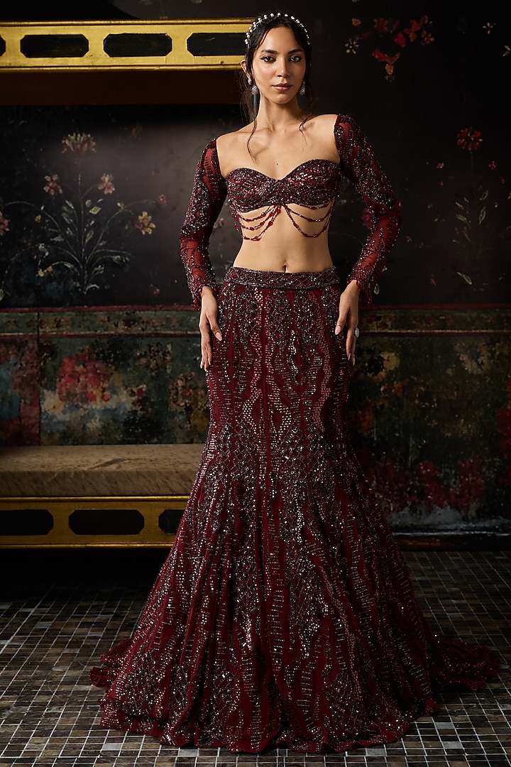 Maroon Tulle Embellished Mermaid Trail Bridal Lehenga Set by DiyaRajvvir at Pernia's Pop Up Shop