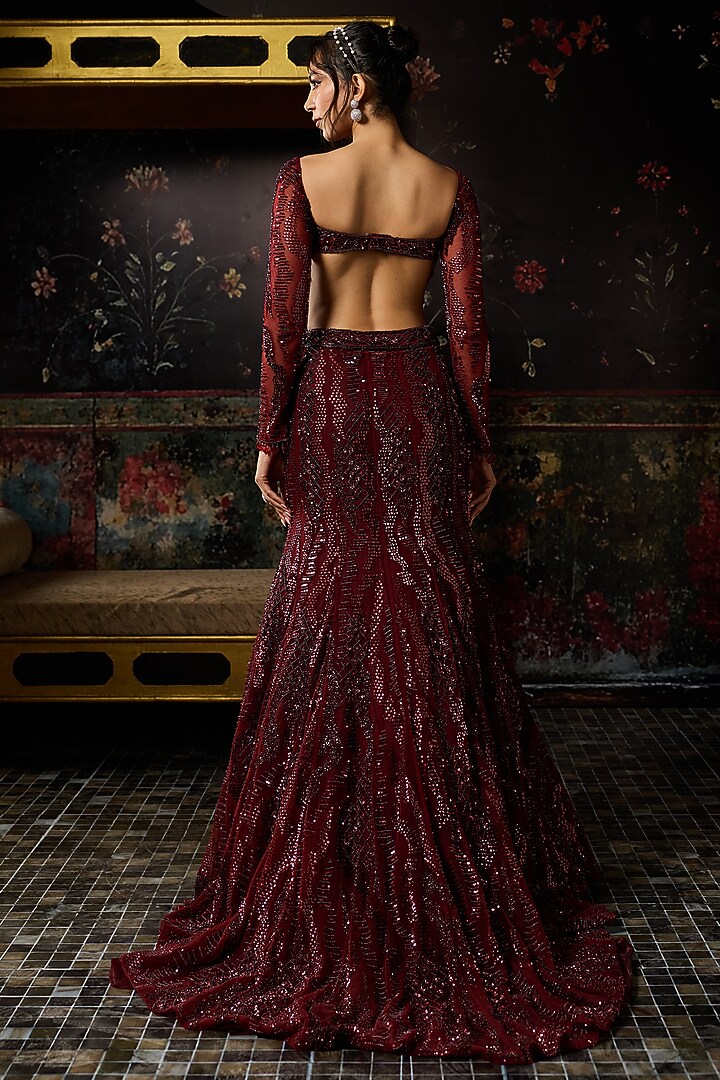 Maroon Tulle Embellished Mermaid Trail Bridal Lehenga Set by DiyaRajvvir at Pernia's Pop Up Shop