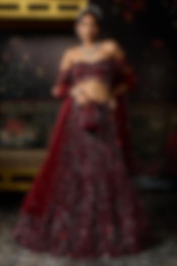 Maroon Tulle Embellished Bridal Lehenga Set by DiyaRajvvir at Pernia's Pop Up Shop