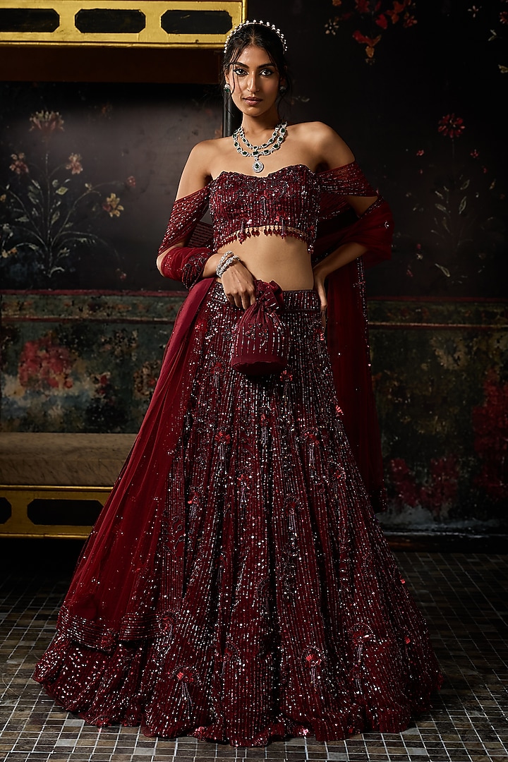Maroon Tulle Embellished Bridal Lehenga Set by DiyaRajvvir at Pernia's Pop Up Shop