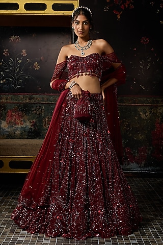 Maroon Tulle Embellished Lehenga Set by DiyaRajvvir