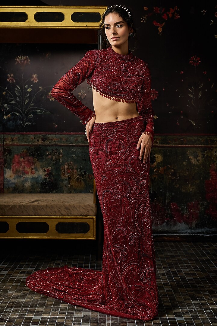 Maroon Tulle Embellished Long Trail Skirt Set by DiyaRajvvir at Pernia's Pop Up Shop