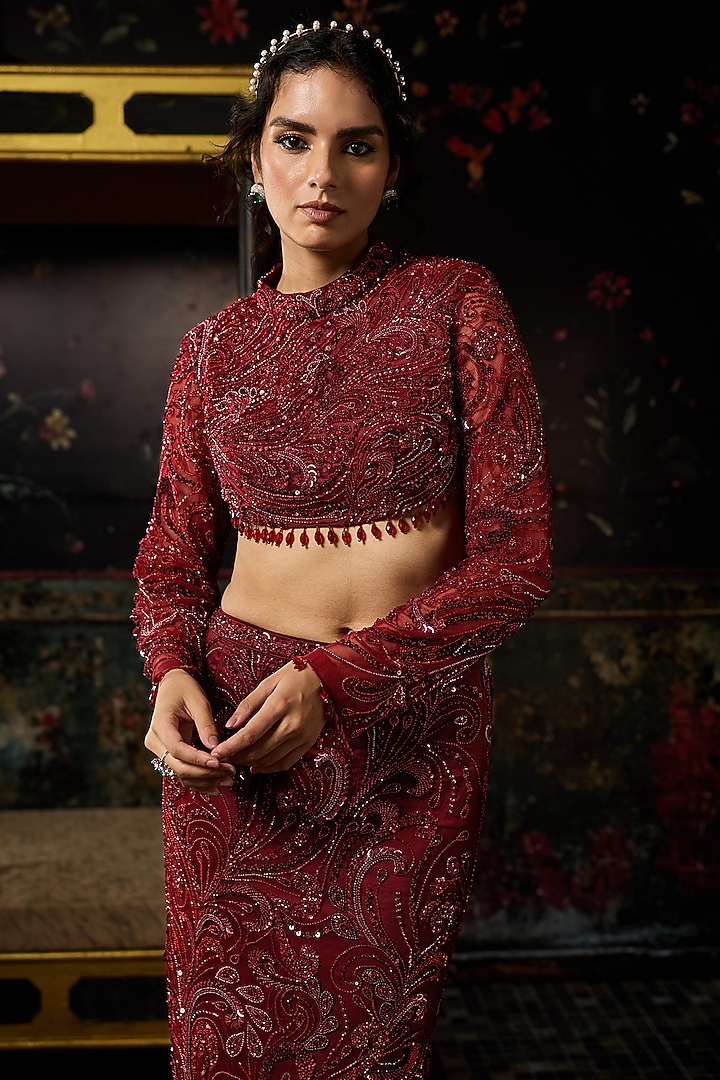Maroon Tulle Embellished Long Trail Skirt Set by DiyaRajvvir at Pernia's Pop Up Shop