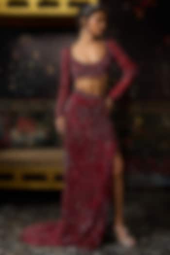 Maroon Satin Lycra Embellished Trail Skirt Set by DiyaRajvvir at Pernia's Pop Up Shop