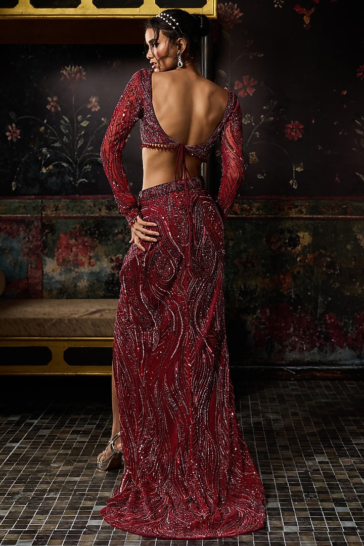 Maroon Satin Lycra Embellished Trail Skirt Set by DiyaRajvvir at Pernia's Pop Up Shop