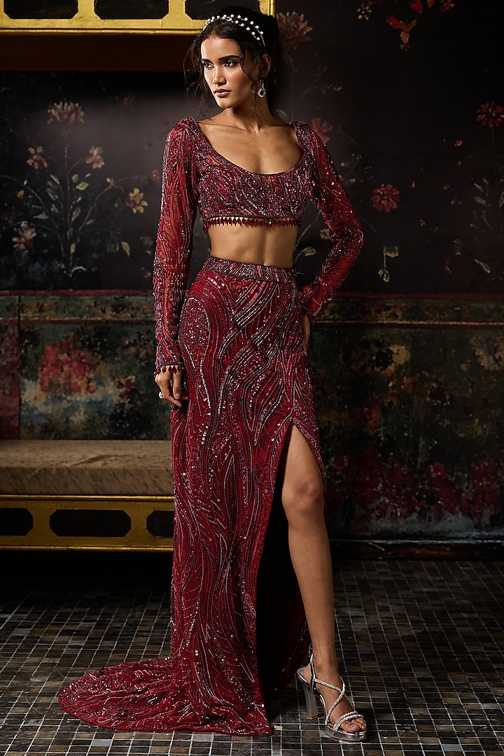 Maroon Satin Lycra Embellished Trail Skirt Set by DiyaRajvvir at Pernia's Pop Up Shop