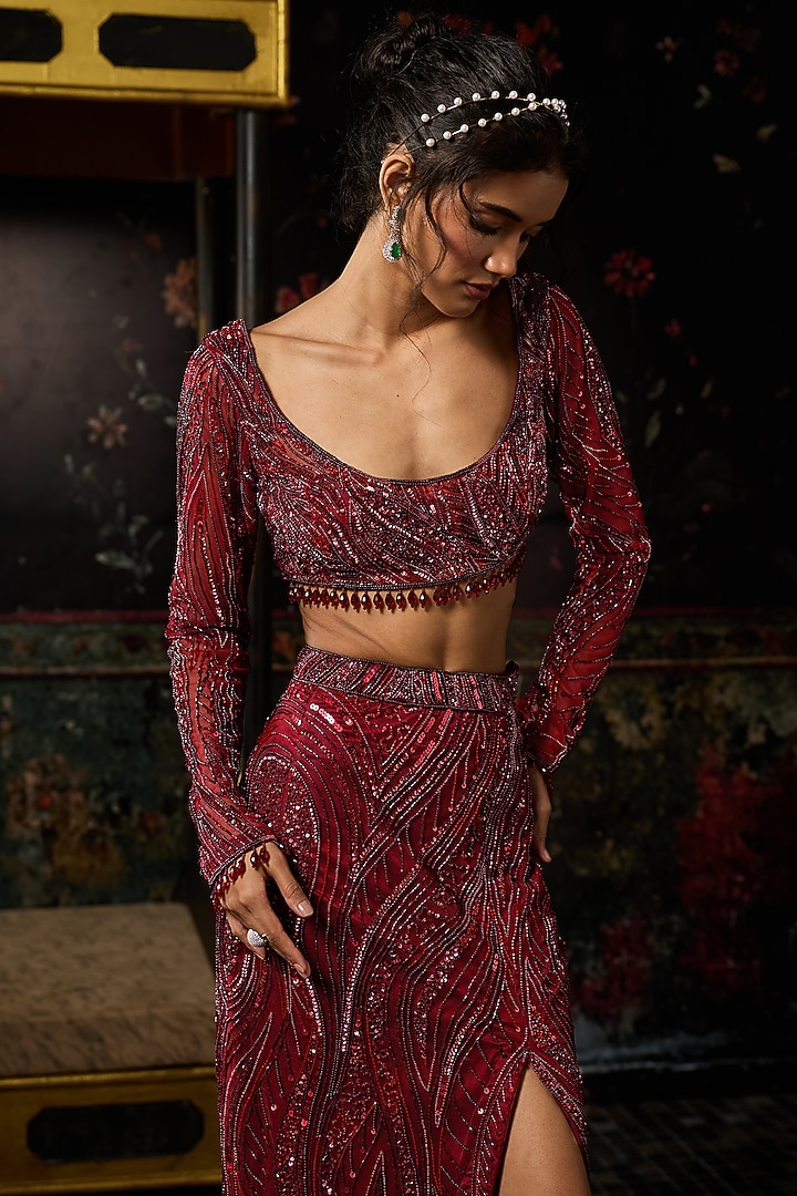 Maroon Satin Lycra Embellished Trail Skirt Set by DiyaRajvvir at Pernia's Pop Up Shop