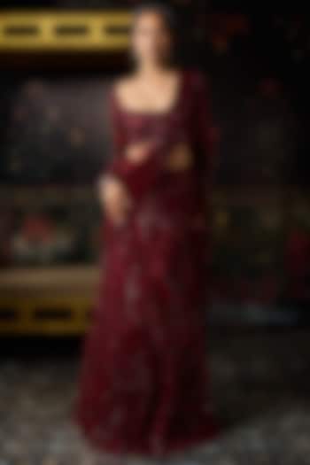 Maroon Satin Lycra Embellished Mermaid Skirt Reception Saree Set by DiyaRajvvir at Pernia's Pop Up Shop