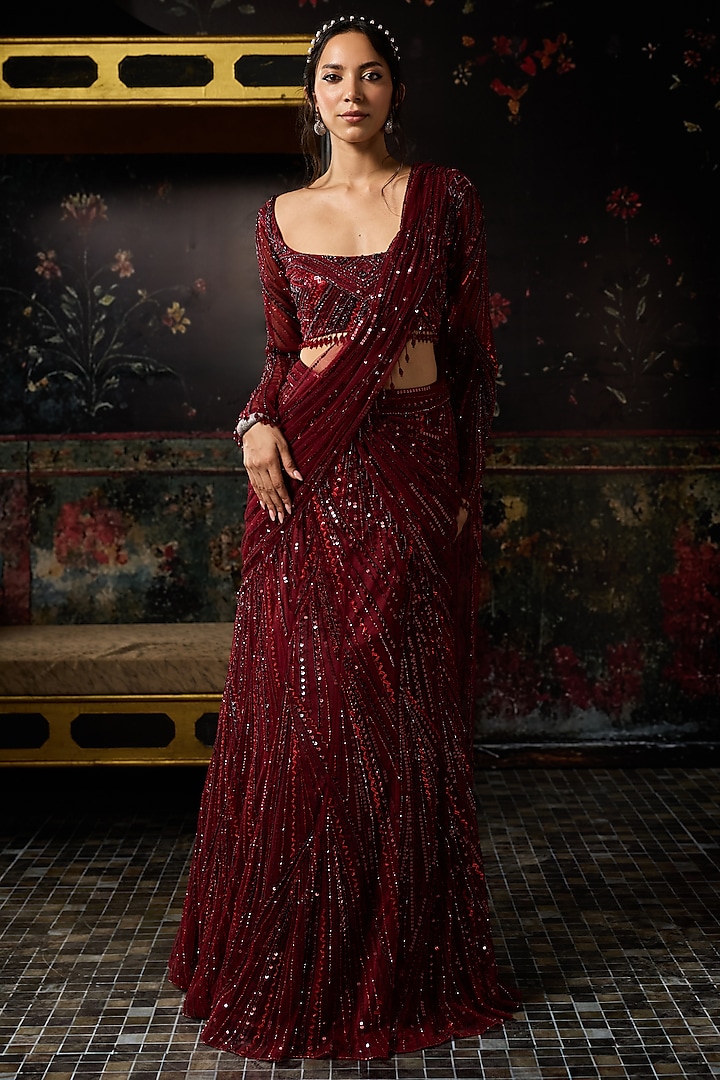 Maroon Satin Lycra Embellished Mermaid Skirt Reception Saree Set by DiyaRajvvir at Pernia's Pop Up Shop