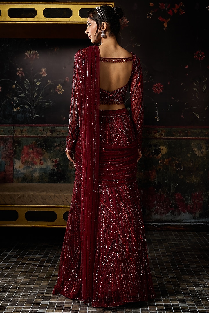 Maroon Satin Lycra Embellished Mermaid Skirt Reception Saree Set by DiyaRajvvir at Pernia's Pop Up Shop