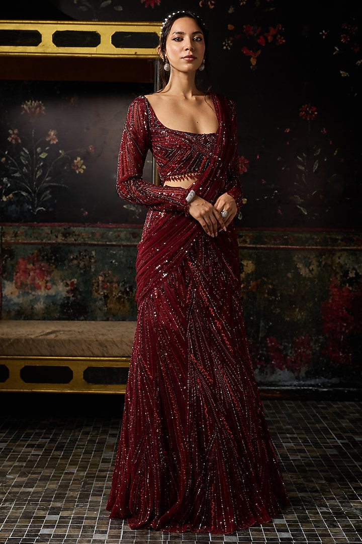 Maroon Satin Lycra Embellished Mermaid Skirt Reception Saree Set by DiyaRajvvir at Pernia's Pop Up Shop