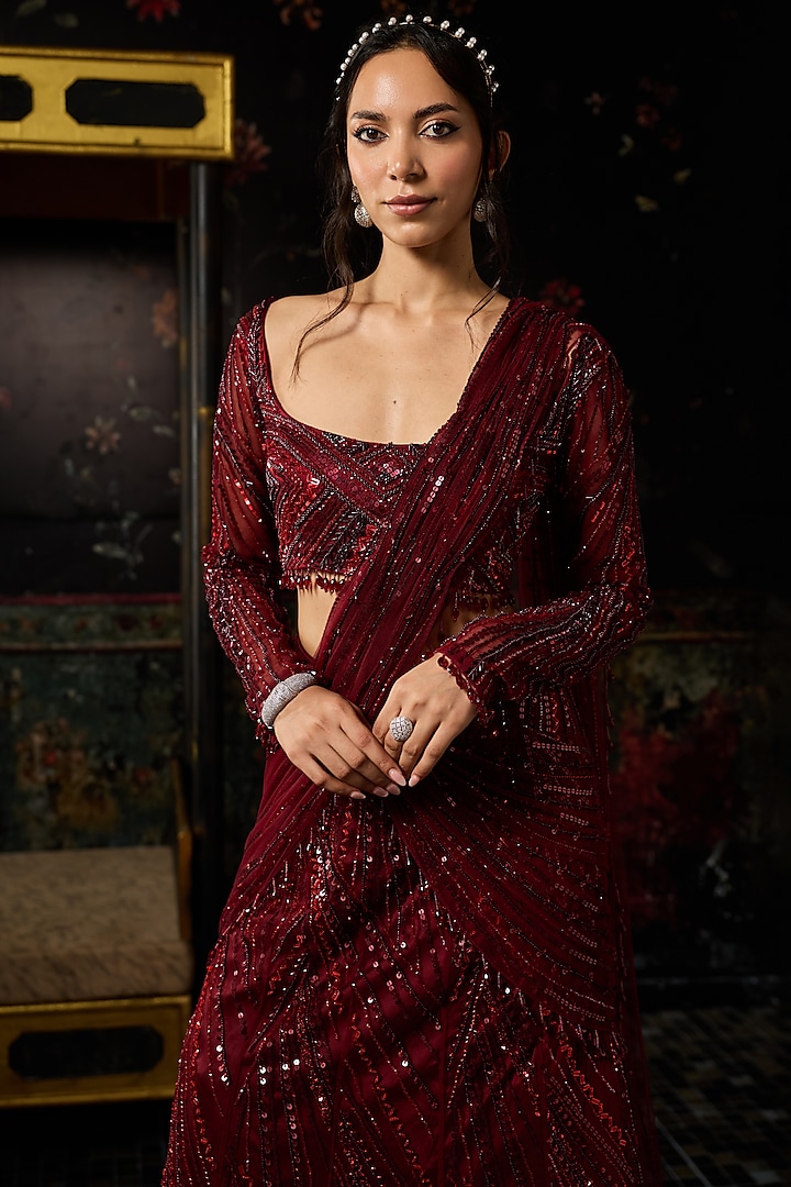 Maroon Satin Lycra Embellished Mermaid Skirt Reception Saree Set by DiyaRajvvir at Pernia's Pop Up Shop
