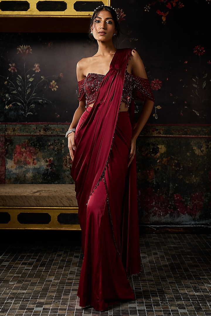 Maroon Satin Sharara Wedding Saree Set by DiyaRajvvir at Pernia's Pop Up Shop