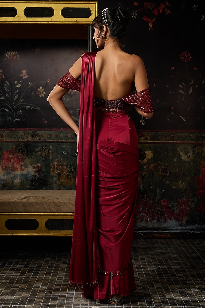 Maroon Satin Sharara Wedding Saree Set by DiyaRajvvir at Pernia's Pop Up Shop
