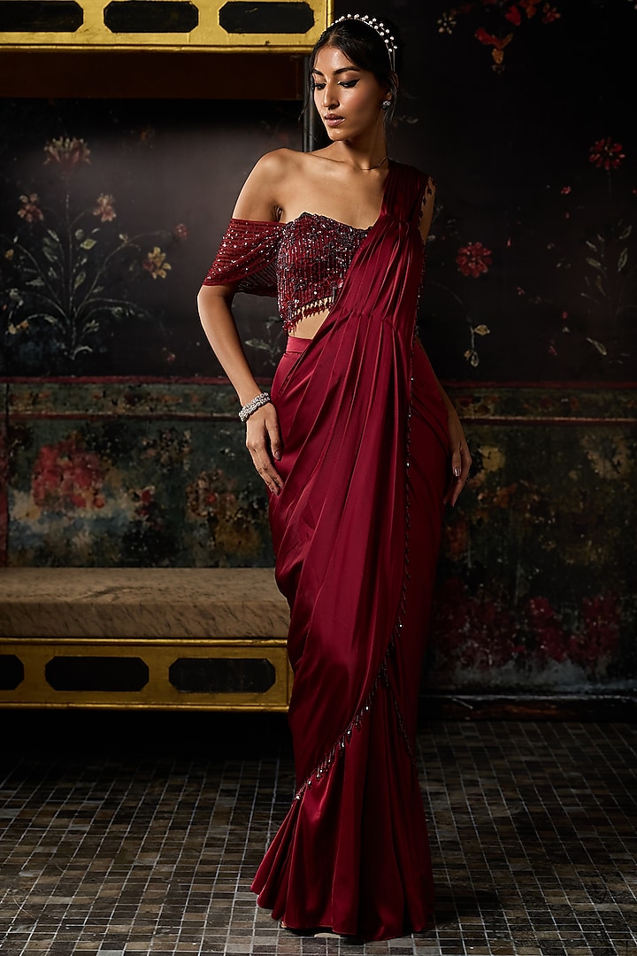 Maroon Satin Sharara Wedding Saree Set by DiyaRajvvir at Pernia's Pop Up Shop