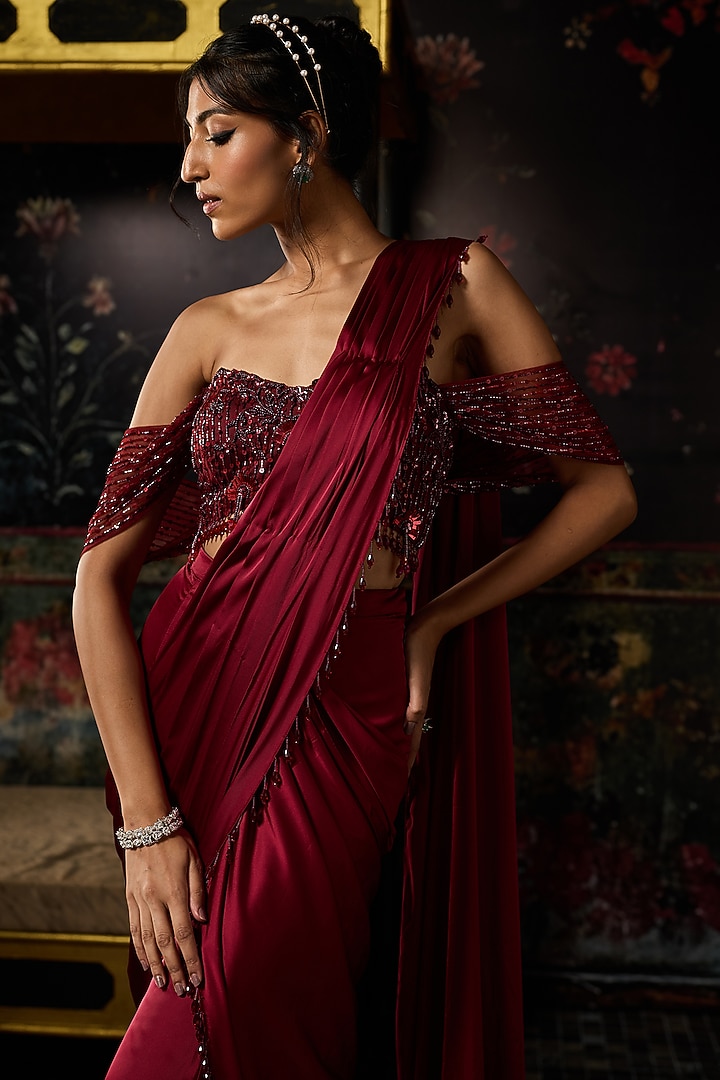 Maroon Satin Sharara Wedding Saree Set by DiyaRajvvir at Pernia's Pop Up Shop