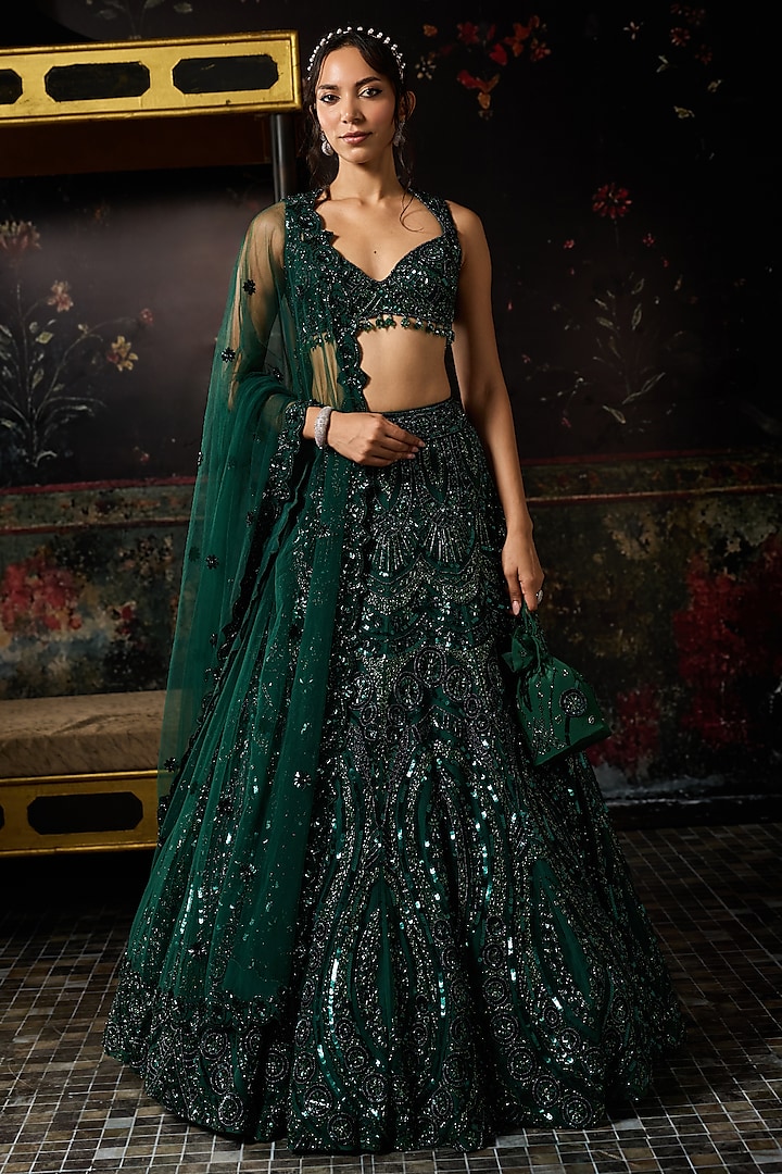 Emerald Green Crepe Cutwork Embellished Bridal Lehenga Set by DiyaRajvvir at Pernia's Pop Up Shop