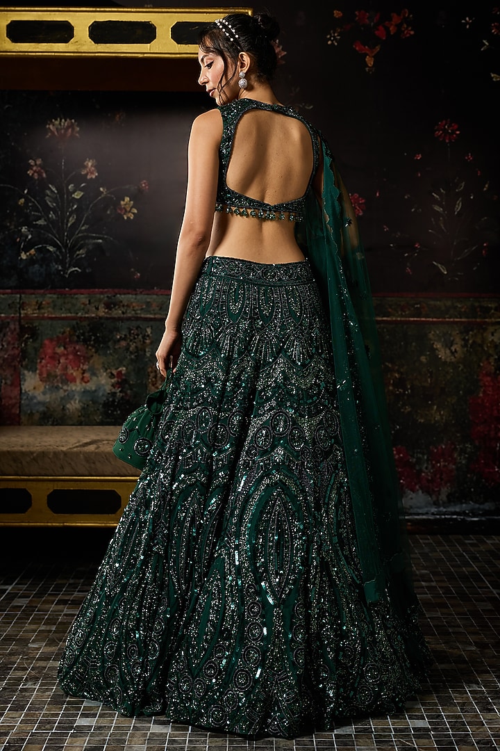Emerald Green Crepe Cutwork Embellished Bridal Lehenga Set by DiyaRajvvir at Pernia's Pop Up Shop