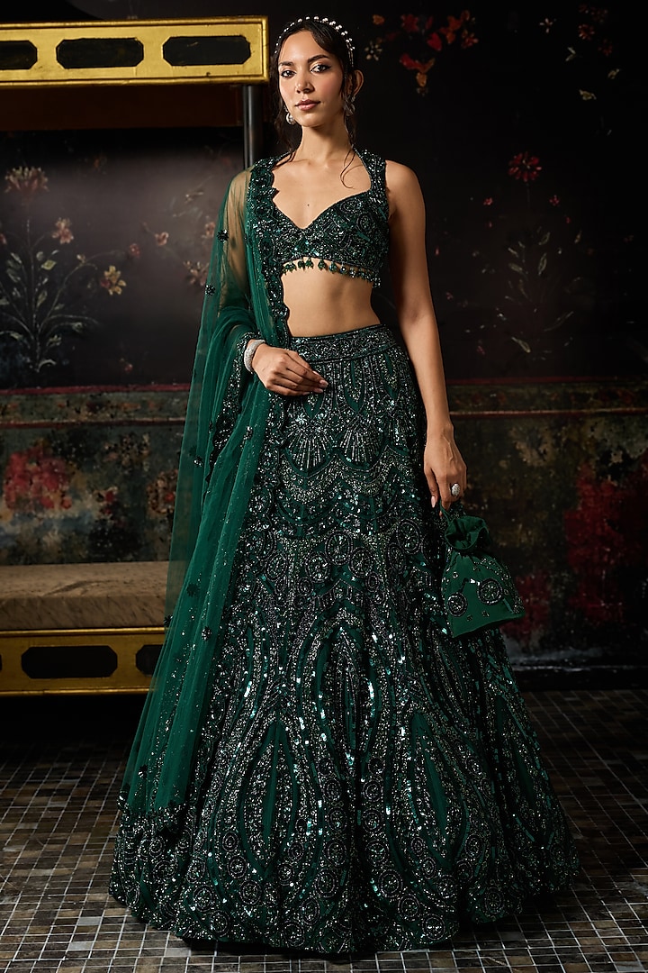 Emerald Green Crepe Cutwork Embellished Bridal Lehenga Set by DiyaRajvvir at Pernia's Pop Up Shop