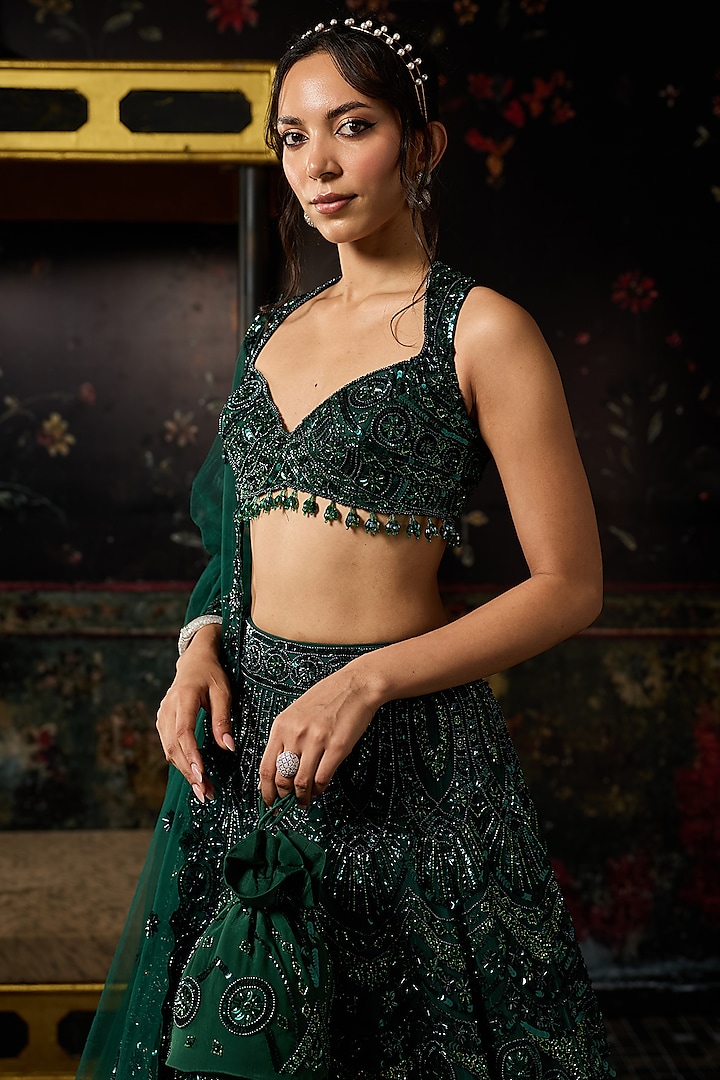Emerald Green Crepe Cutwork Embellished Bridal Lehenga Set by DiyaRajvvir at Pernia's Pop Up Shop