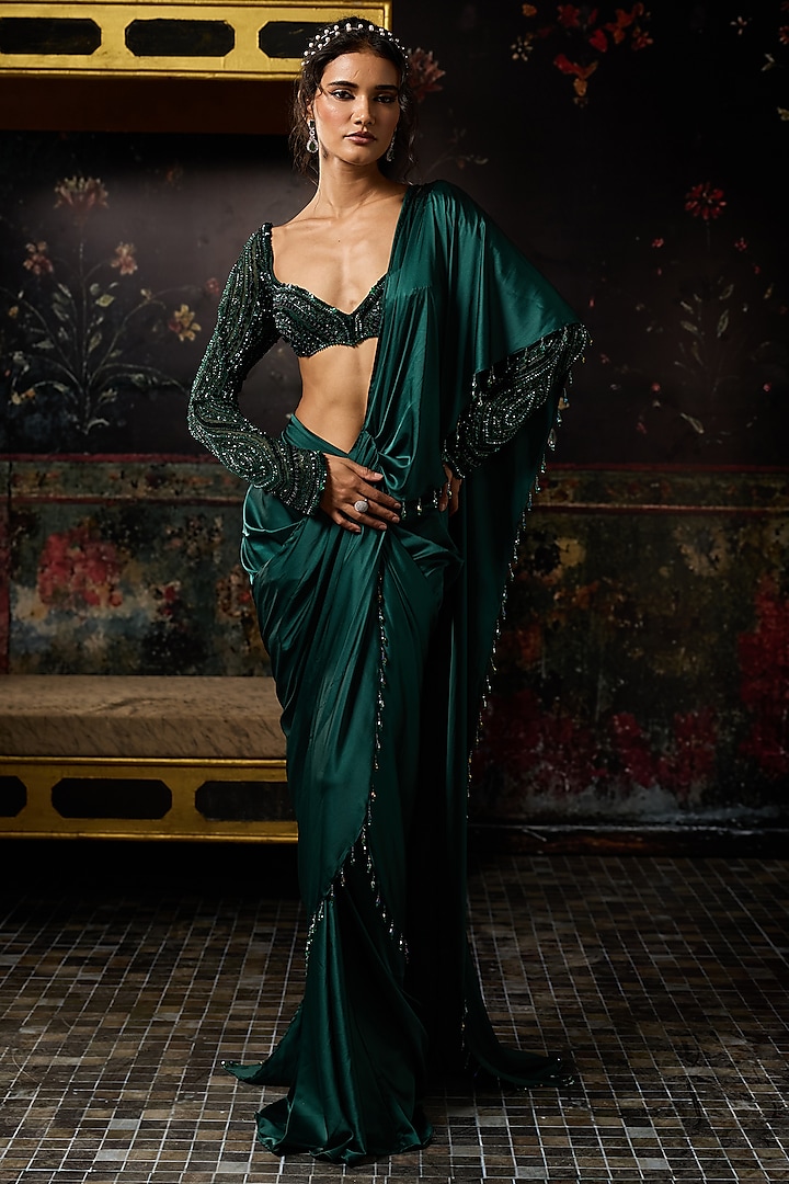 Emerald Green Satin Lycra Dhoti Skirt Wedding Saree Set by DiyaRajvvir at Pernia's Pop Up Shop