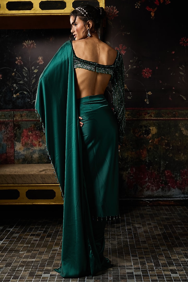 Emerald Green Satin Lycra Dhoti Skirt Wedding Saree Set by DiyaRajvvir at Pernia's Pop Up Shop