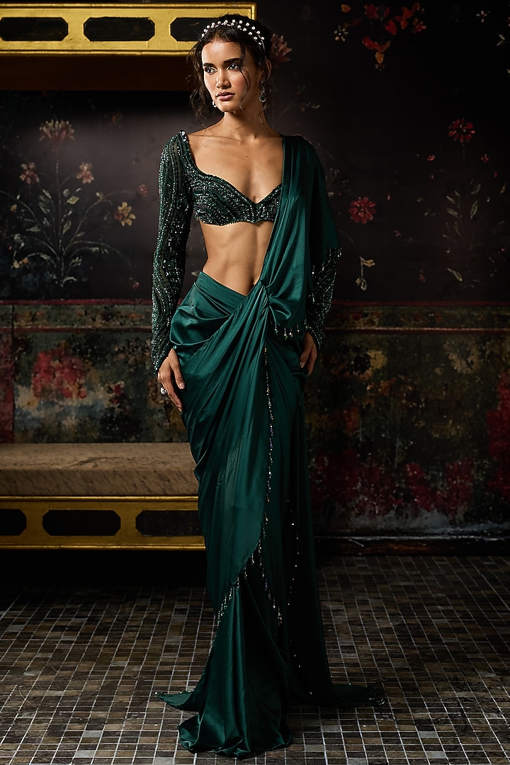 Emerald Green Satin Lycra Dhoti Skirt Wedding Saree Set by DiyaRajvvir at Pernia's Pop Up Shop