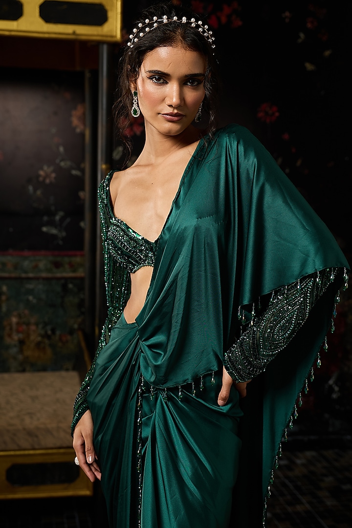 Emerald Green Satin Lycra Dhoti Skirt Wedding Saree Set by DiyaRajvvir at Pernia's Pop Up Shop