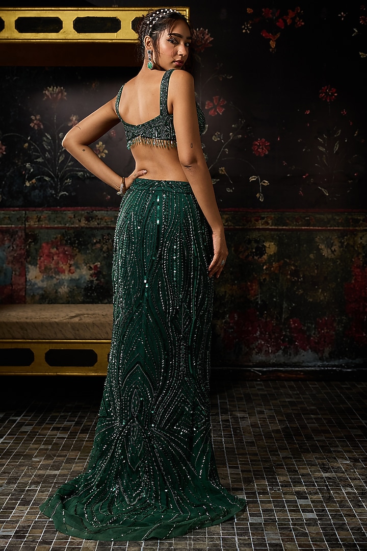 Emerald Green Satin Lycra Embellished Trail Skirt Set by DiyaRajvvir at Pernia's Pop Up Shop