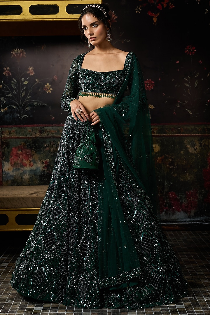 Emerald Green Crepe Diamond Embellished Bridal Lehenga Set by DiyaRajvvir at Pernia's Pop Up Shop