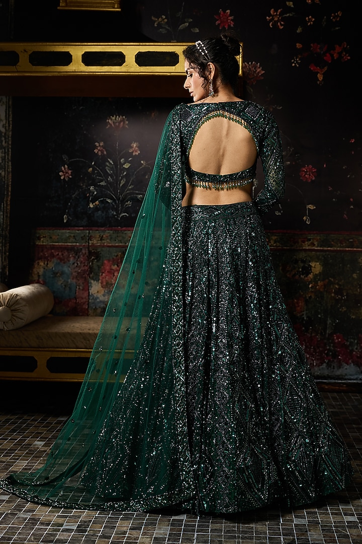 Emerald Green Crepe Diamond Embellished Bridal Lehenga Set by DiyaRajvvir at Pernia's Pop Up Shop