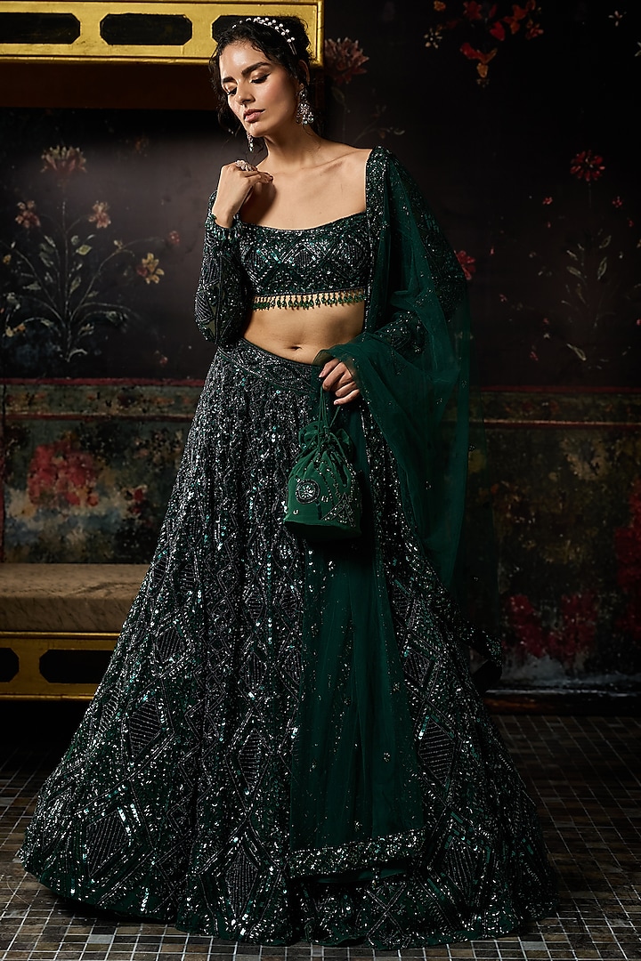 Emerald Green Crepe Diamond Embellished Bridal Lehenga Set by DiyaRajvvir at Pernia's Pop Up Shop