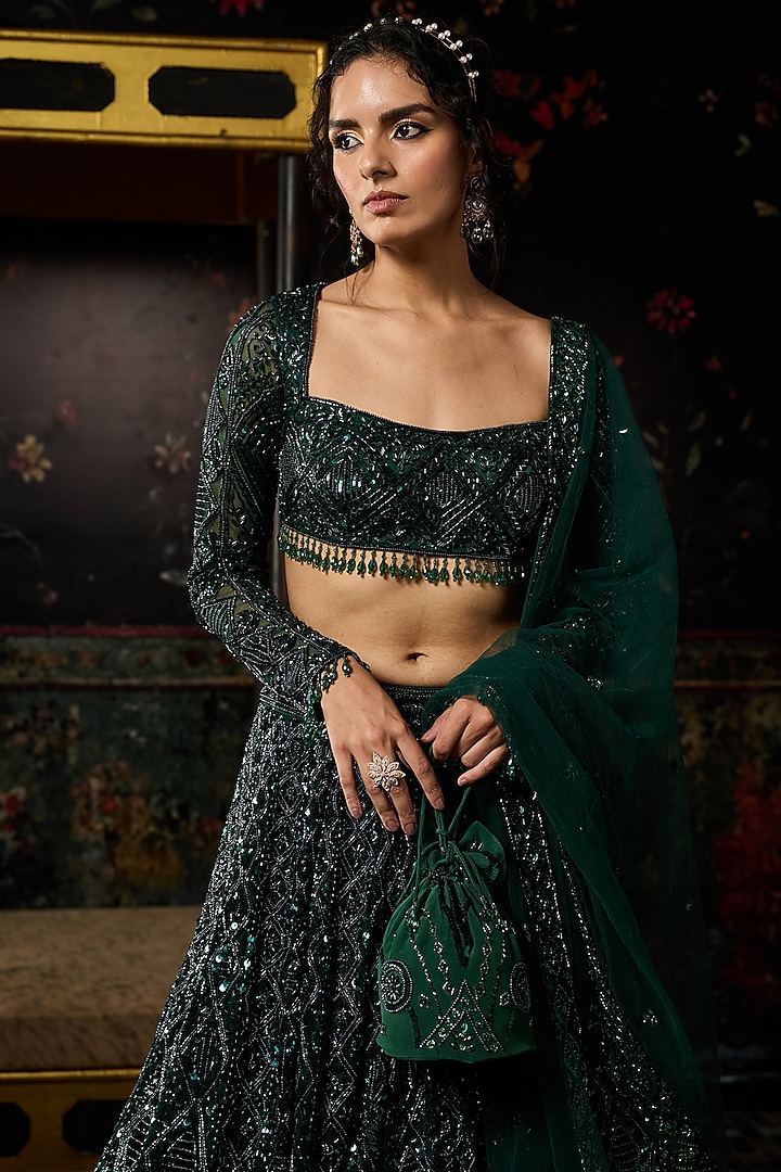 Emerald Green Crepe Diamond Embellished Bridal Lehenga Set by DiyaRajvvir at Pernia's Pop Up Shop