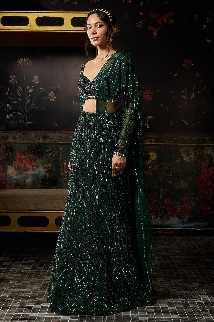 Emerald Green Crepe Embellished Mermaid Skirt Reception Saree Set by DiyaRajvvir at Pernia's Pop Up Shop
