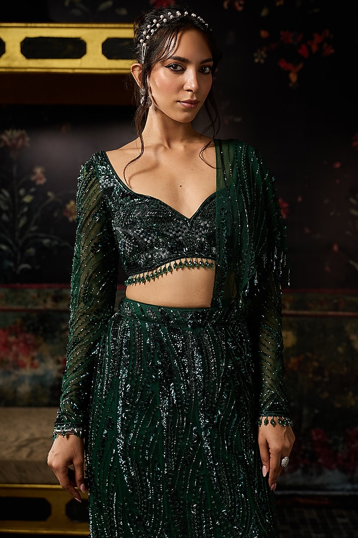 Emerald Green Crepe Embellished Mermaid Skirt Reception Saree Set by DiyaRajvvir at Pernia's Pop Up Shop
