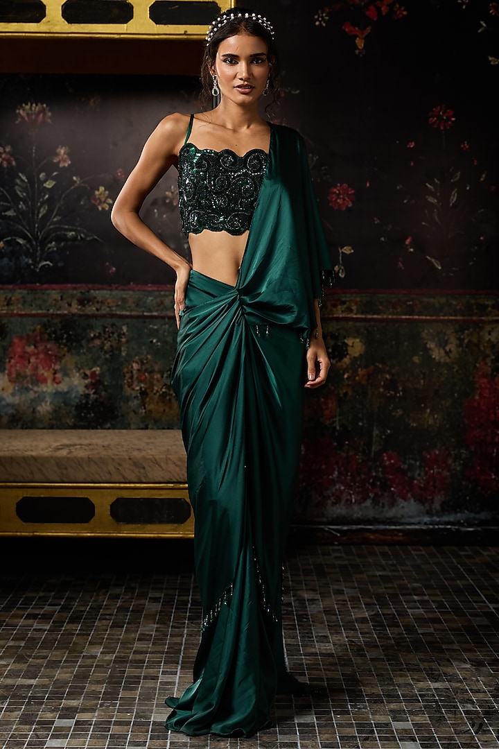 Emerald Green Armani Satin Dhoti Skirt Wedding Saree Set by DiyaRajvvir at Pernia's Pop Up Shop