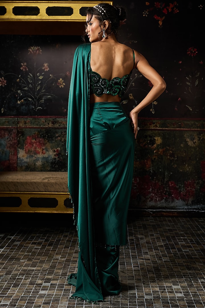 Emerald Green Armani Satin Dhoti Skirt Wedding Saree Set by DiyaRajvvir at Pernia's Pop Up Shop