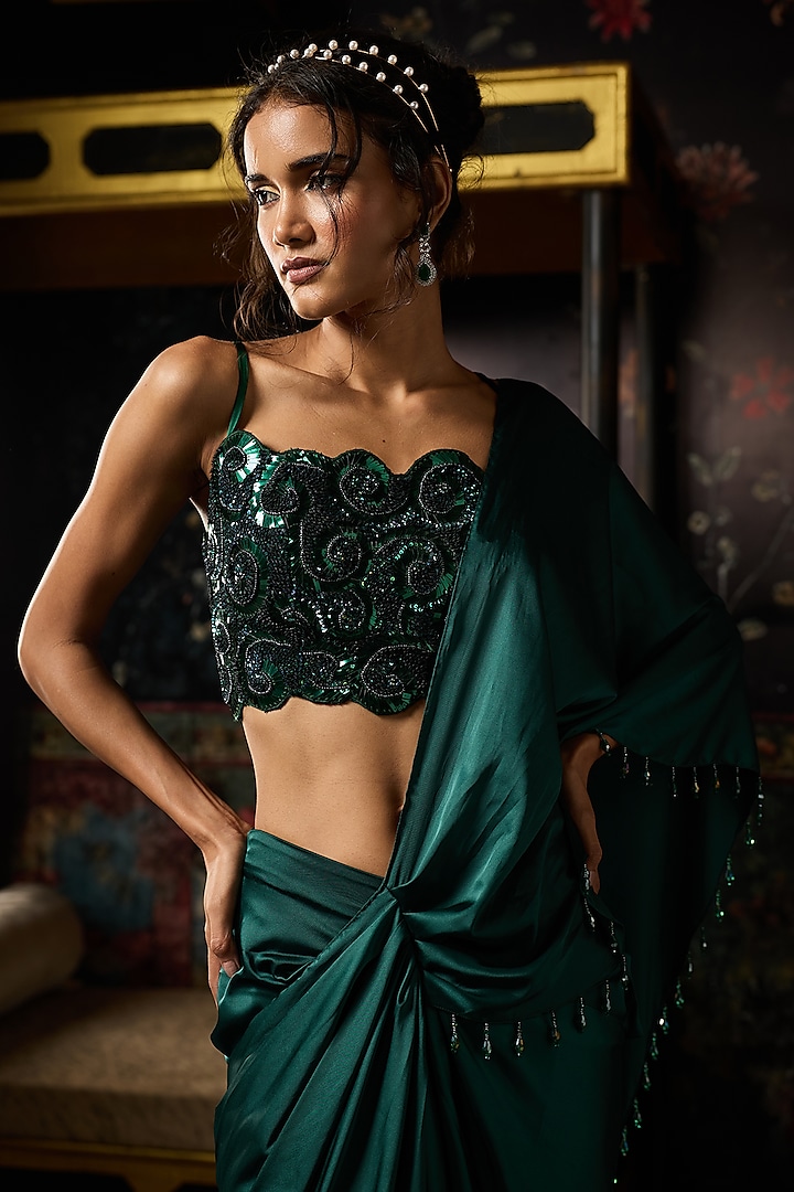 Emerald Green Armani Satin Dhoti Skirt Wedding Saree Set by DiyaRajvvir at Pernia's Pop Up Shop