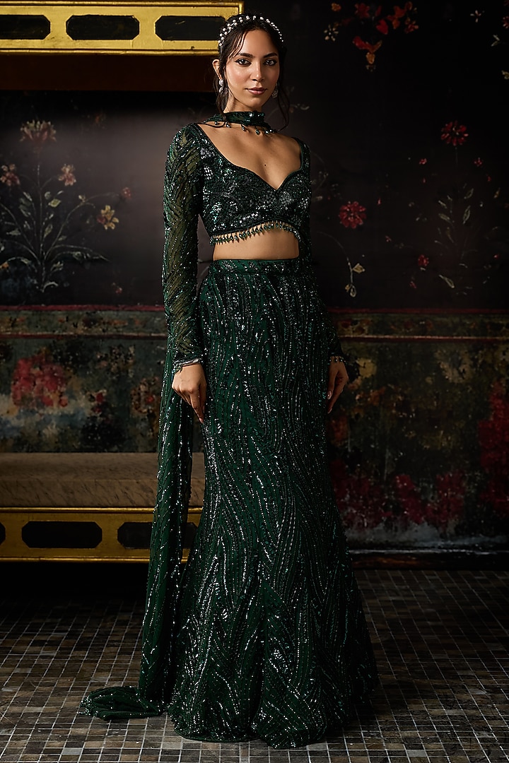 Emerald Green Satin Lycra Embellished Wedding Lehenga Set by DiyaRajvvir at Pernia's Pop Up Shop
